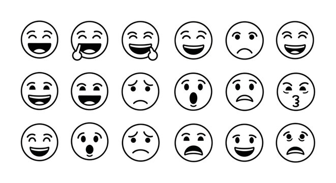 A collection of cartoon-style emoji faces expressing various emotions in a black and white line drawing.