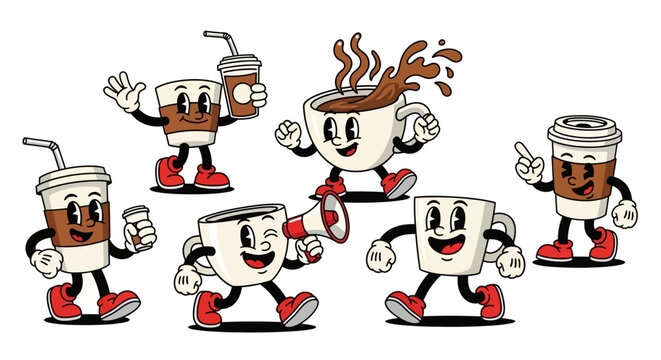 A collection of cartoon coffee cups and mugs with arms and legs, some holding drinks and one with a megaphone.