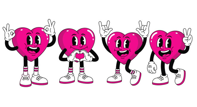 Four cartoon hearts with arms and legs in different poses, one making a heart shape with its hands.