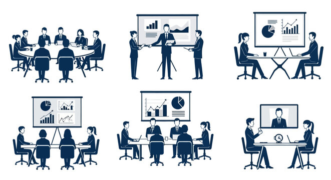 Collection of six illustrations depicting various business meeting scenarios, including presentations and discussions.