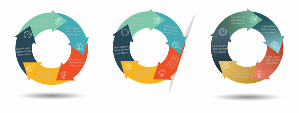 Circle with 5 arrows 3 different diagram infographic set. Business concept with 5 steps or options. . Process chart, cycle diagram for business presentation, report, brochure.