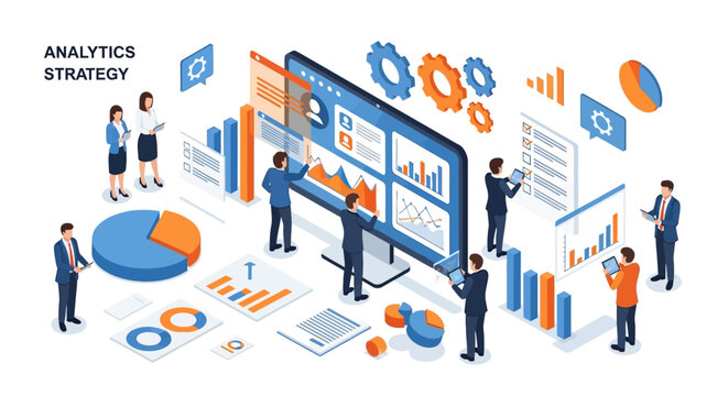 Business analytics strategy illustration with people interacting with data visualizations and charts on a large screen.
