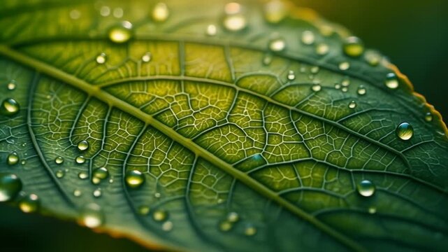 Close-up of a vibrant green leaf with glistening water droplets.
