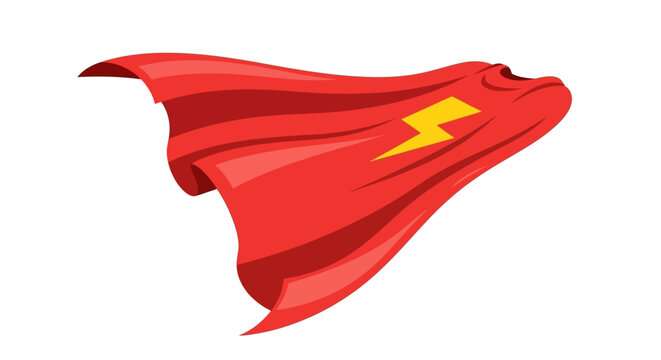 Red superhero cape with lightning bolt on white background