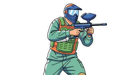 Illustration of a Paintball Player in Protective Gear Holding Gun © Rohim