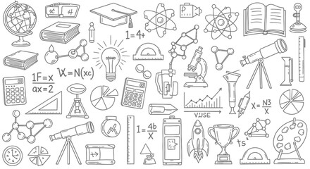 Fototapeta premium A detailed illustration of various science and education-related items, including scientific instruments, mathematical tools, and academic symbols.