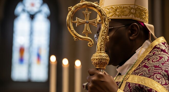 Clergyman in ornate vestments bows his head while holding a decorative crosier during a religious service