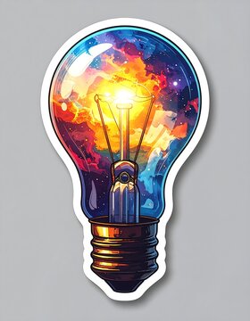 A vibrant, sticker-style illustration of a lightbulb with a swirling cosmos inside, radiating a bright, central light source