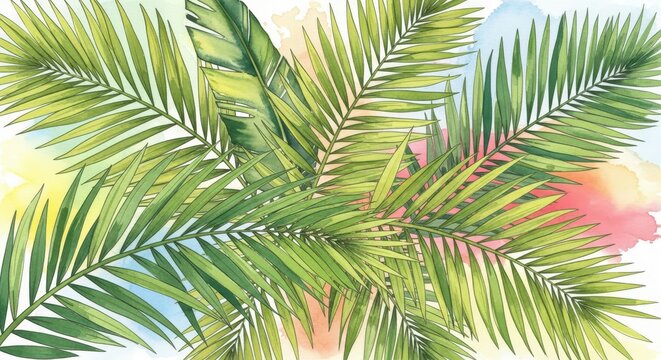 Lush green palm fronds overlap against a soft, colorful watercolor background.