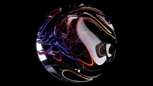 3d video animation surreal mystic alien ball or sphere sculpture in curve wavy organic lines forms in a deformation process in translucent liquid glass material with rainbow laser round stripes