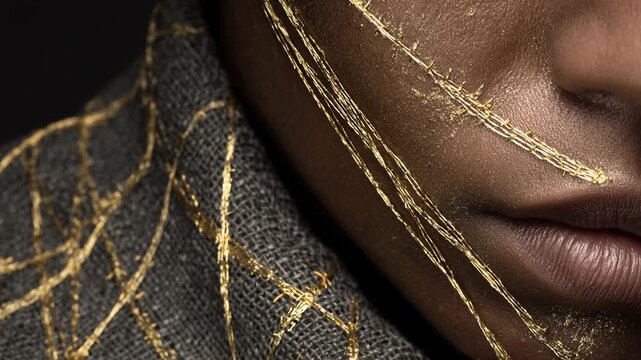 Young woman aging to senior in timelapse concept. Close up of dark skin with golden thread embroidery on face and fabric showcasing artistic beauty and cultural design