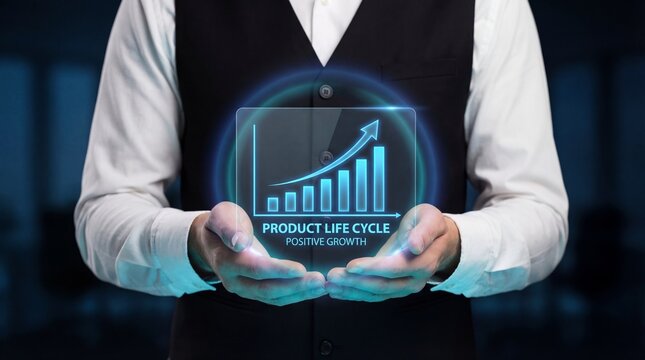 Businessman presenting positive product life cycle growth chart