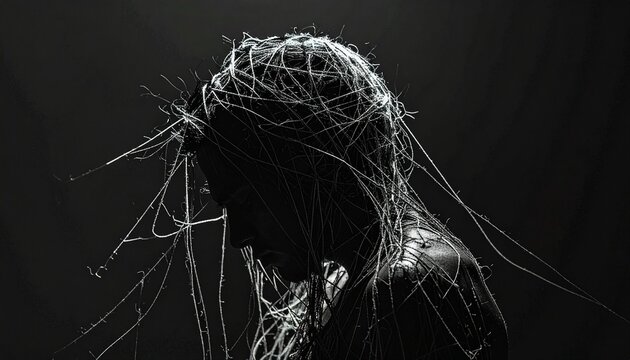 Dark and Moody Close-Up of a Person Wrapped in Tangled Threads, Evoking a Sense of Entrapment