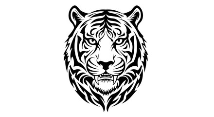 Fototapeta premium A majestic tiger's head illustration showcasing its fierce expression and striped fur texture in a detailed black and white artwork