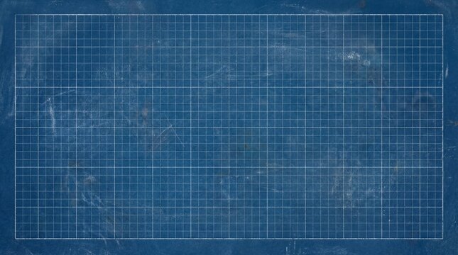 Aged blue blueprint paper texture with white grid lines and distressed grunge effect, engineering drawing background