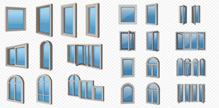 Collection of various window types and frames, including arched, rectangular, and multi-pane designs, isolated on transparent background.