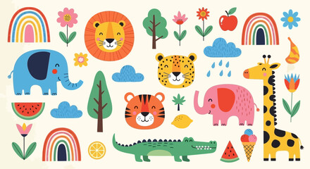 Cute Cartoon Animals, Rainbows, and Flowers for Kids’ Designs © Kaylee