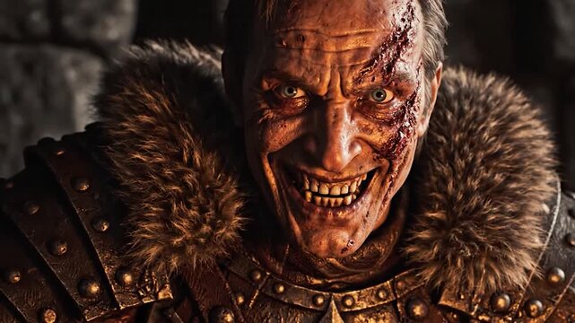 Close-up of a weathered warrior with facial scars, dressed in fur and armor