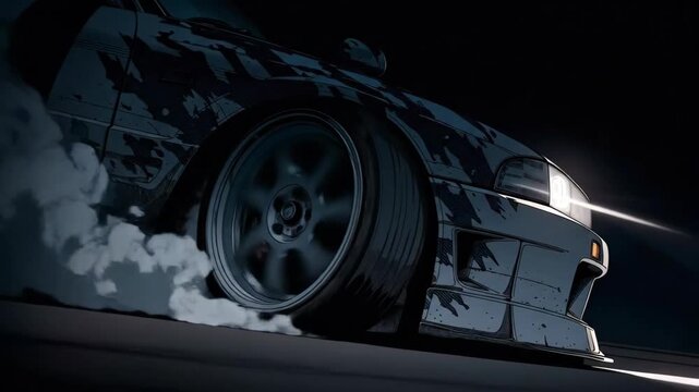 A powerful sports car slides sideways on a dark road, tires spinning and smoke rising. Headlights cut through the night, expressing speed, control, adrenaline, and street racing intensity.