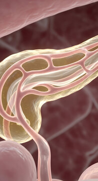 Detailed microscopic view of a pancreatic acinar cell cluster, highlighting intricate ductal structures and blood vessels, illustrating the exocrine function of the pancreas in digestion.
