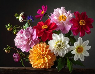 Fototapeta premium A vibrant still life features diverse, fully bloomed flowers in assorted colors, arranged against a dark backdrop