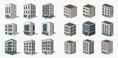 Isometric city buildings set with various modern and classic architectural styles for urban design.