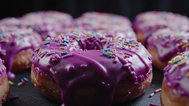 Glossy purple icing slowly drips over fresh donuts arranged in rows. Colorful sprinkles and rich glaze highlight sweetness, indulgence, dessert appeal, and bakery craftsmanship.