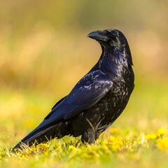 A solitary black bird stands proudly in a field of green and yellow, its dark plumage contrasting with the natural backdrop