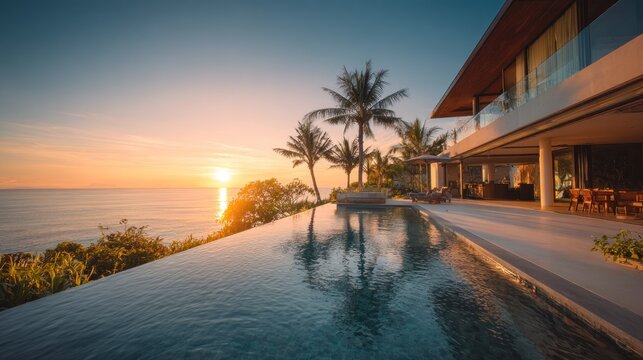 Luxury villa with infinity pool overlooking ocean sunset