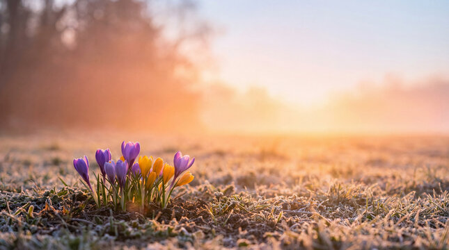 Crocus flowers bloom in frosty meadow. Crocus buds glow at sunrise, crocus colors signal spring equinox, first day of spring greeting, seasonal renewal banner with copy space, warm light