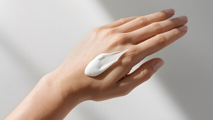 Naklejka premium White skincare cream smear on back of hand with soft natural lighting