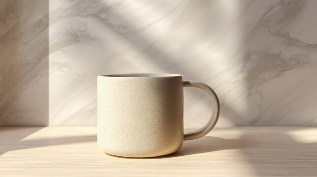 A neutral-toned ceramic mug illuminated by sunlight