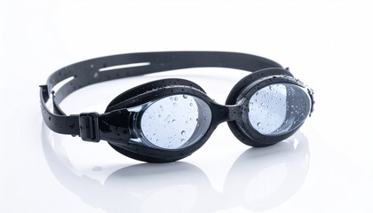 Black swimming goggles on white background for water sports.