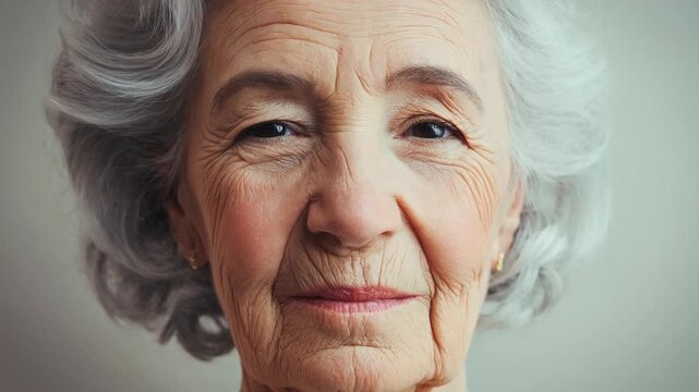 Timelapse of girl's transformation to old woman concept. Close up portrait of wise elderly woman with white hair and gentle smile showing natural wrinkles