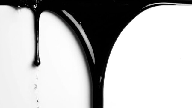 Black liquid dripping and flowing down on a white background, abstract motion