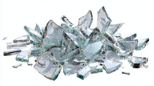 A pile of broken glass fragments scattering after impact 