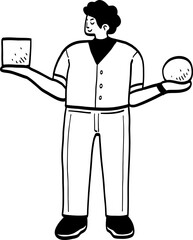 cartoon man holding abstract art 