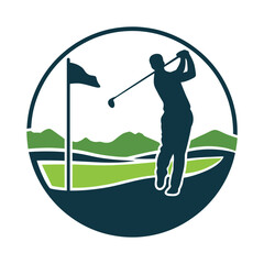 Minimalist golf swing vector illustration with flag and landscape