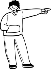 cartoon joyful boy with pointing finger.