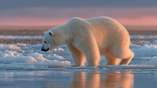 A majestic polar bear stands on icy terrain, facing forward with a watery reflection