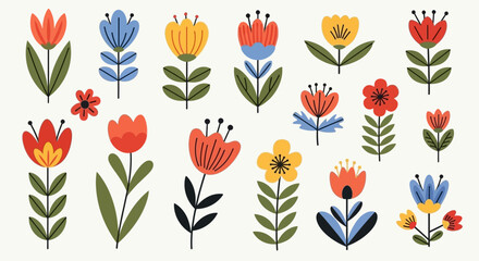 Obraz premium Collection of stylized folk art flowers in various vibrant colors and shapes