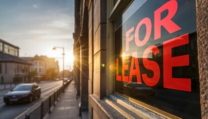 Vibrant for Lease Sign in City Window at Golden Hour