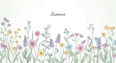 Obraz premium Delicate Watercolor Wildflowers and Greenery Border with Summer Text