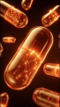 Coenzyme Q10. CoQ10 coenzyme energy. CoQ10 mitochondrial. CoQ10 cellular bioenergetic. A glowing orange capsule with a network design on a dark background.