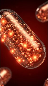 Coenzyme Q10. CoQ10 coenzyme energy. CoQ10 mitochondrial. CoQ10 cellular bioenergetic. A close-up of glowing capsules with intricate internal structures.