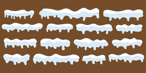 Cartoon snow caps. Set of snow cap. Snow caps, snowy ice and frozen icicles. Winter snowy decoration elements. Snow and ice, winter snowy caps for © top3