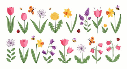 Vibrant Spring Flowers, Butterflies, and Bees Collection for Festive Designs © Aruna