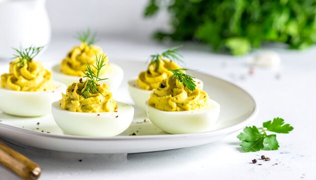 Close-up of deviled eggs with dill and spices on a white plate