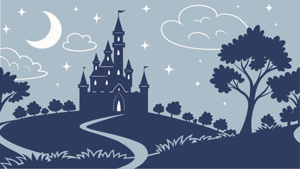 Obraz premium Fairytale castle night scene with moon and stars