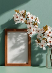 Minimalist White Photo Frame Mockup with Blank Canvas, Pastel Pink Flower Accent and Soft Natural Light on Green Background
